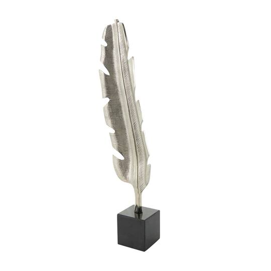 28" Silver Aluminum Bird Feather Sculpture with Black Marble Base